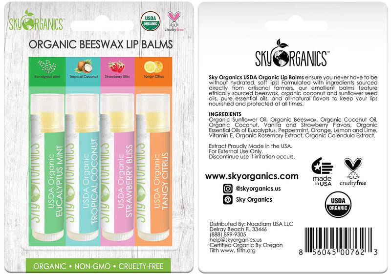 USDA Organic Flavored Beeswax Lip Balms (4 Tubes) Eucalyptus Mint, Tropical Coconut, Strawberry, Tangy Citrus – Beeswax Coconut Oil Vitamin E Lip Butter Chapstick for Dry Lips - For Adults & Kids 4 Lip Balms - BeesActive Australia
