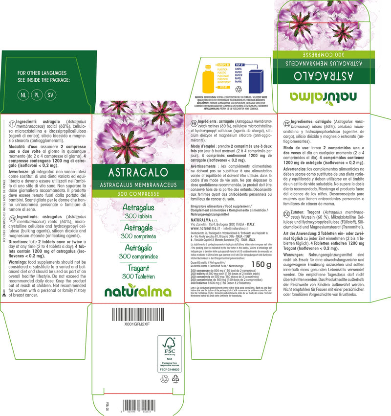 Astragalus (Astragalus membranaceus) Roots NATURALMA | 150 g | 300 Tablets of 500 mg | Food Supplement | Natural and Vegan - BeesActive Australia