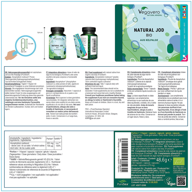 Organic Iodine Supplement Vegavero� | NO Additives | 100% Natural from Organic Scottish Sea Kelp | 150mcg Pure Iodine (PureSea�) | Sea Kelp Iodine Tablets | 180 Iodine Capsules | Vegan - BeesActive Australia