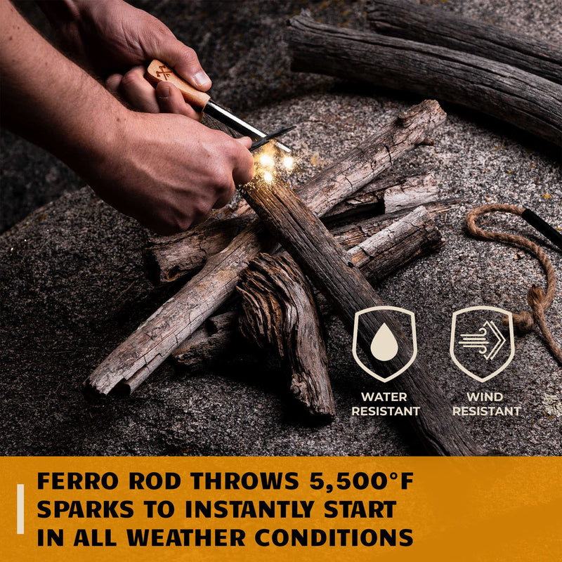Ferro Rod Fire Starter Survival Tool | Flint and Steel w/Paracord Bracelet Compass & Whistle + 3 PK Extra Large Natural Tinder Fire Starting Ropes - BeesActive Australia