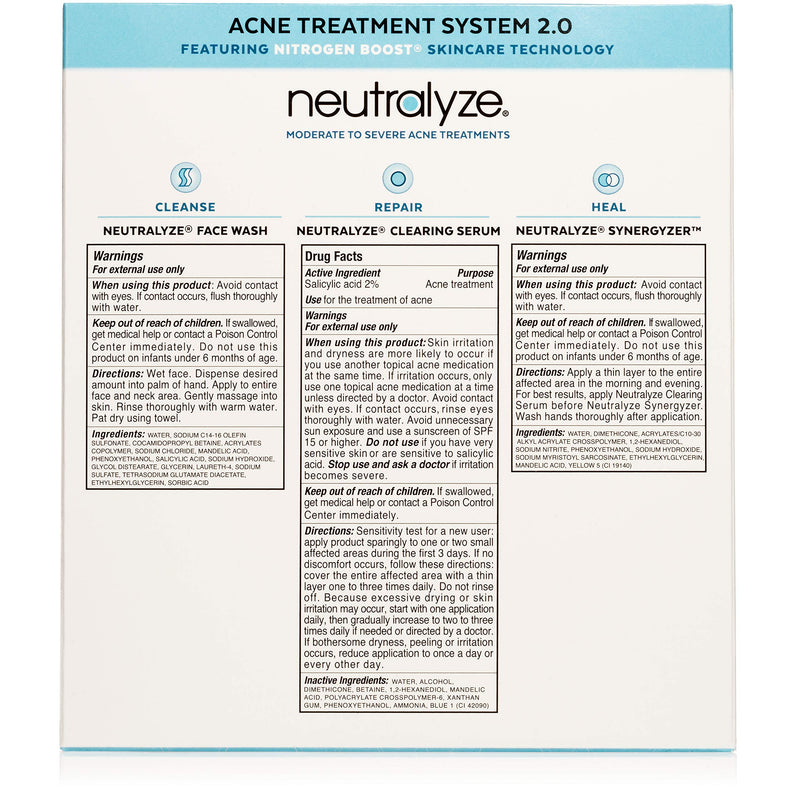 Neutralyze Moderate To Severe Acne Treatment Kit 2.0 - Maximum Strength Acne Treatment System with 2% Salicylic Acid + 1% Mandelic Acid + Nitrogen Boost Skincare Technology Face Wash+Serum+Synergyzer - BeesActive Australia