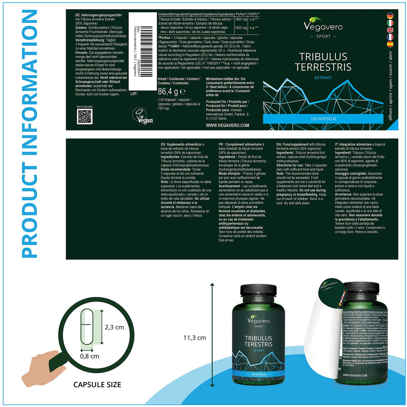 Tribulus Terrestris High Strength Vegavero® | Strongest 1800mg Tribulus Extract, 1620mg Saponins | NO Additives, Lab-Tested | Stamina & Strength Support for Men & Women | 120 Capsules | Vegan - BeesActive Australia
