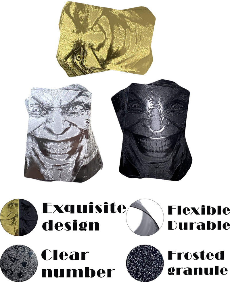 Kxlody Unique Themed Evil Smile Clown 3 Decks Playing Cards Waterproof Deck Cards Plastic Poker Premium Magic Party Game (Black-Gold-Silver) Black-gold-silver - BeesActive Australia