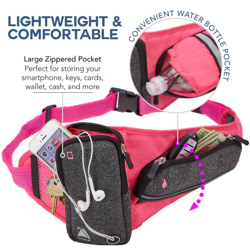 [AUSTRALIA] - Athlé Running Belt – Horizontal Water Bottle Pouch, Large Fanny Pack Pocket Fits All Phones and Wallet, Adjustable One Size Fits All Waist Band, Key Clip, 360° Reflective Black 