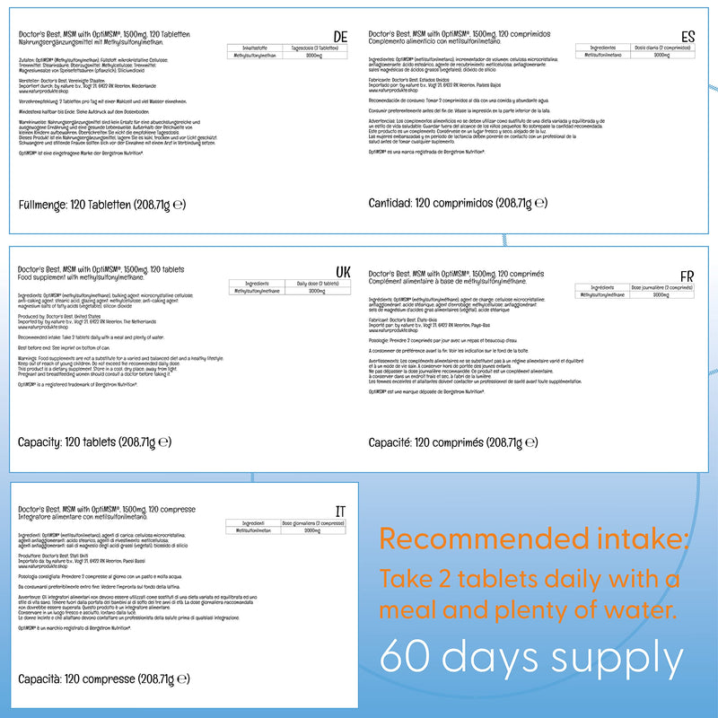 Doctor's Best, MSM, with OptiMSM, 1500 mg, 120 Vegan Tablets, Highly Dosed, Laboratory Tested, SOYA-Free, Gluten-Free, Non-GMO, Natural Sulphur - BeesActive Australia