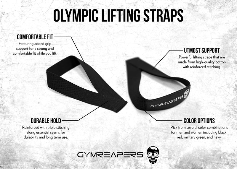 Gymreapers Olympic Lifting Straps for Weightlifting, Snatch, Clean, Powerlifting, Strongman, Deadlifts - Durable Cotton with Reinforced Stitching (Pair) Black - BeesActive Australia