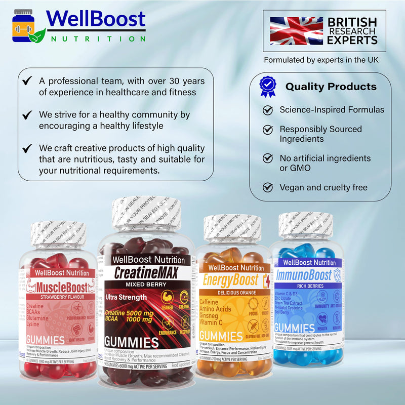Muscle Boost - Recovery, Creatine, BCAA, Glutamine, Lysine, Chewable Gummies for Men & Women - 60 Gummies - 1900mg Active per Serving - Natural Strawberry Flavour, Suitable for Vegans - BeesActive Australia