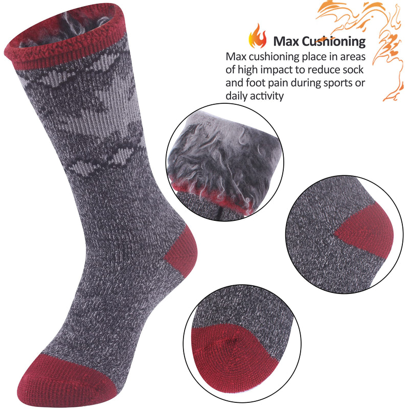 Warm Thermal Socks, Sunew Unisex Thick Insulated Heated Winter Heavy Crew Socks 2 Pair Gray Red Black Large - BeesActive Australia