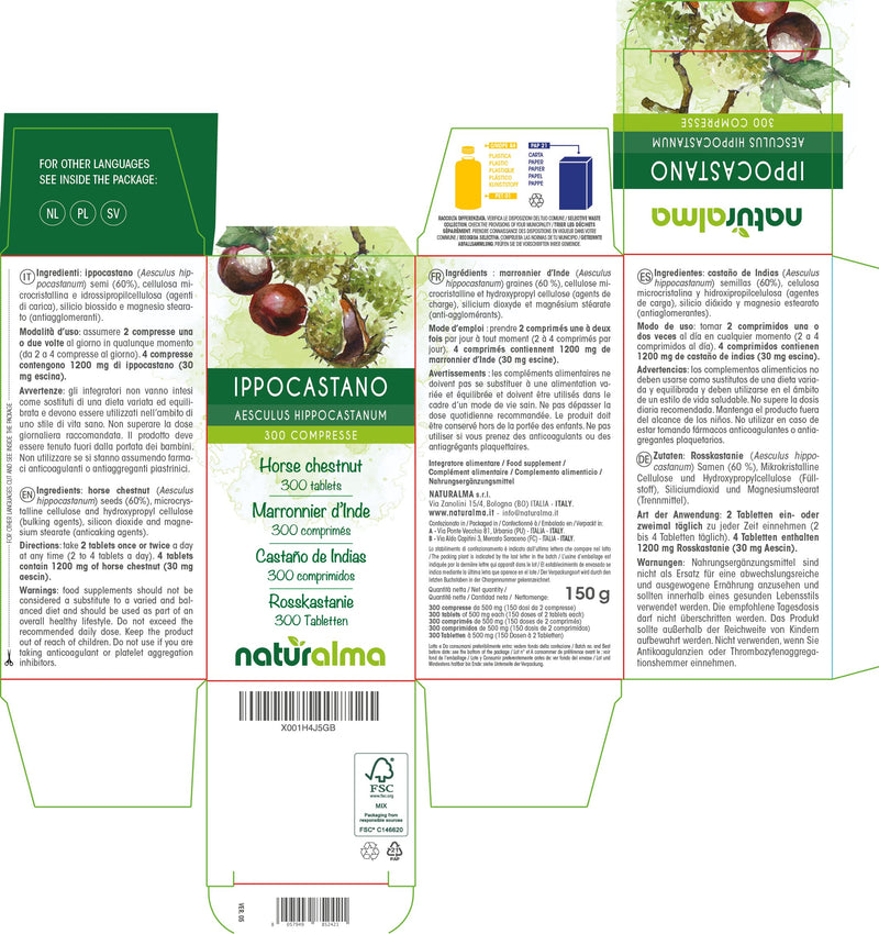 Horse Chestnut (Aesculus hippocastanum) Seeds NATURALMA | 150 g | 300 Tablets of 500 mg | Food Supplement | Natural and Vegan - BeesActive Australia
