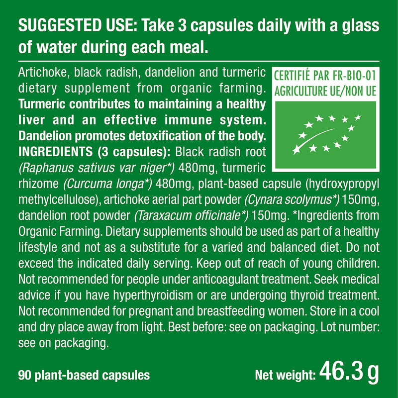 Organic Complex | Detox Supplement: Liver, Intestine & Colon | 100% Natural | Artichoke, Black Radish, Turmeric | Naturally Eliminates Toxins | High Dosage | 90 Vegetarian Capsules | French Expertise Uk - BeesActive Australia