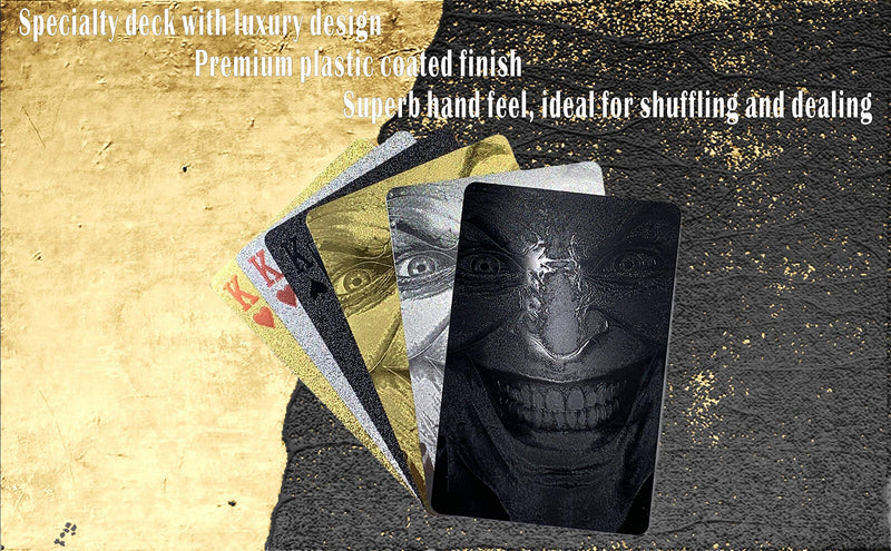 Kxlody Unique Themed Evil Smile Clown 3 Decks Playing Cards Waterproof Deck Cards Plastic Poker Premium Magic Party Game (Black-Gold-Silver) Black-gold-silver - BeesActive Australia