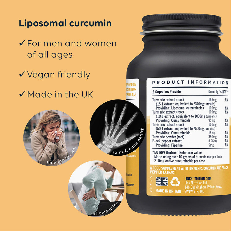 Curcumin, Turmeric & Black Pepper Extract | 210mg curcuminoids per dose Including 100mg liposomal curcuminoids | Vegan | 60 Capsules - BeesActive Australia