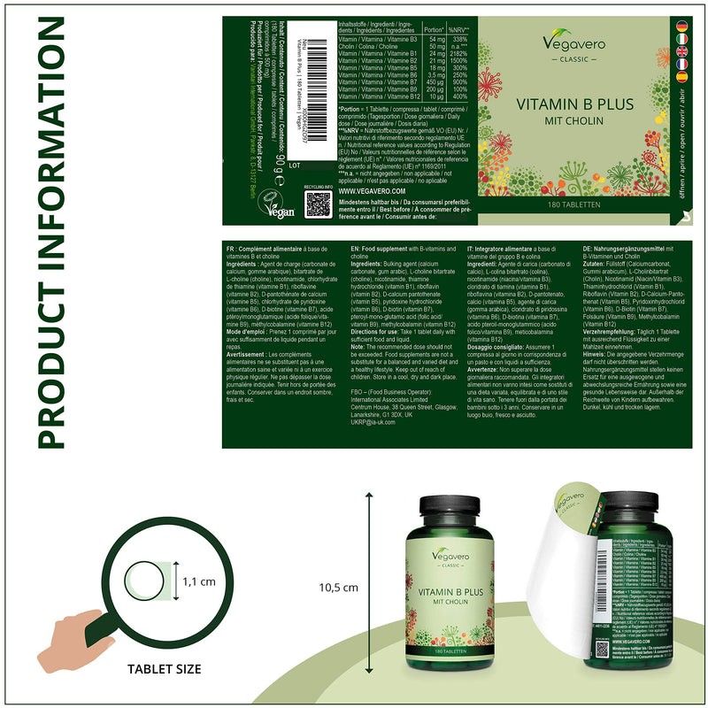 Vitamin B Complex Vegavero� | All 8 B Vitamins with Choline | NO Additives | 180 Tablets | Vegan - BeesActive Australia