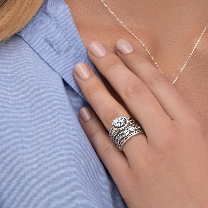 925 Sterling Silver Ring with White Cubic Zirconia CZ Oval Shape Prong, Multiple Bands Rich Stack Look, Hypoallergenic, Nickel and Lead-free, Artisan Handcrafted Designer collection, Made In Israel 5 - BeesActive Australia