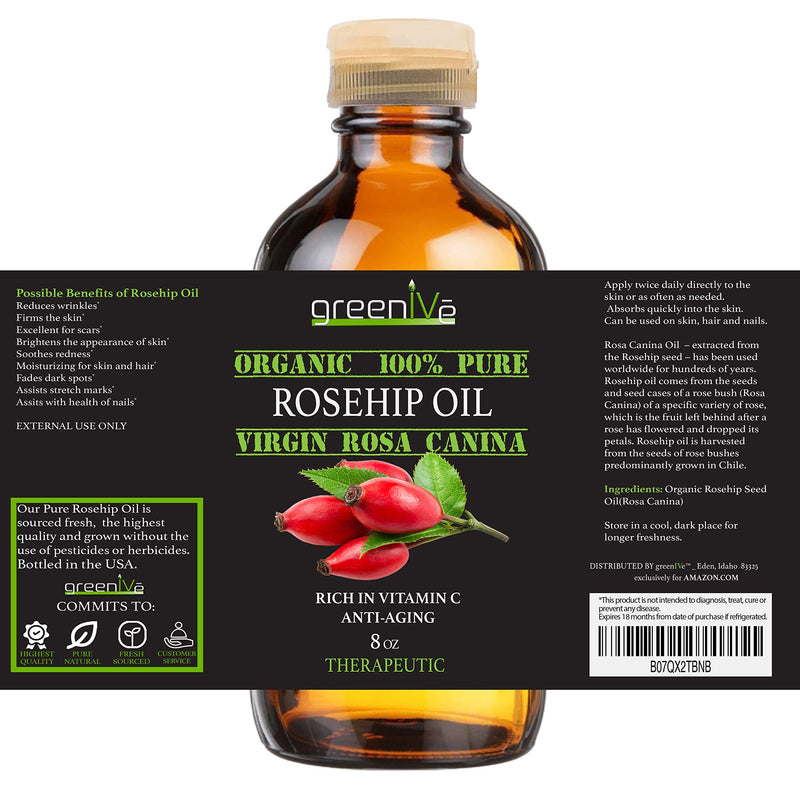 GreenIVe Rosehip Oil Rosa Canina 100% Pure Cold Pressed Virgin Oil Exclusively on Amazon (8 Fl Oz) 8 Fl Oz - BeesActive Australia