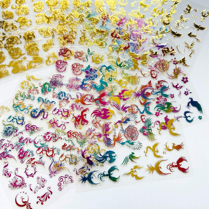 NAIL ANGEL 12Sheets Nail Art Adhesive Sticker Sheets Gold and Rainbow Color Dragon Peacock Phoenix Shapes Nail Art Decoration 10257 - BeesActive Australia