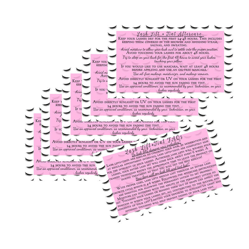 Lash Lift + Tint Aftercare Instruction Cards | 50 Pack | 2 x 3.5” inches Business Card Size | Eyelash Lift and Tint Kit at Home DIY aftercare Supplies | Lash Print with Pink Inlay Design - BeesActive Australia