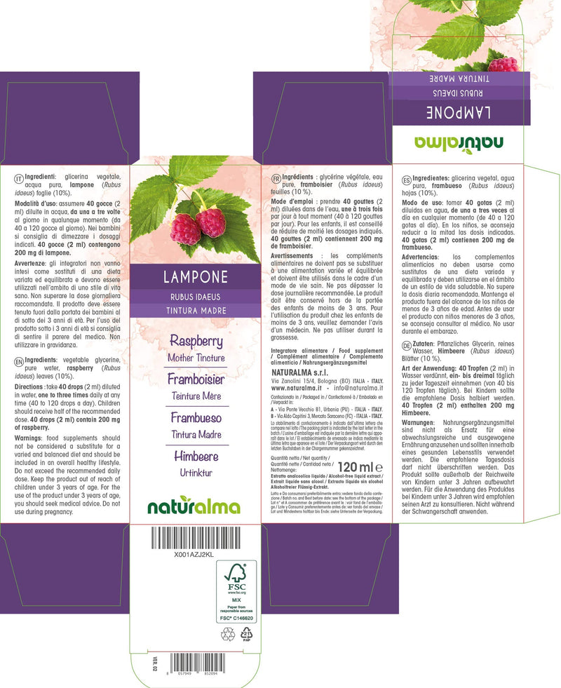 Raspberry (Rubus idaeus) Leaves Alcohol-Free Mother Tincture Naturalma | Liquid Extract Drops 120 ml | Food Supplement | Vegan 120 ml (Pack of 1) - BeesActive Australia