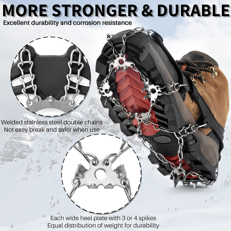 MIRACOL Ice Cleats, Snow Grips Walk Traction Crampons with 19/23 Anti-Slip Stainless Steel Spikes for Boots Shoes Hiking Walking Jogging Mountaineering, Fit Men Women Kids 23-Black Medium - BeesActive Australia