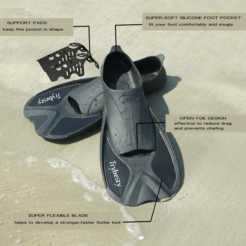 Trybesty Swim Fins,Short Snorkel Fins Travel Size Flippers for Snorkeling Diving Swimming Adult Men Women Black S(MEN:5-6;WOMEN:6-7) - BeesActive Australia