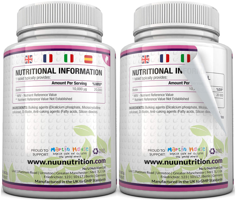 Biotin Hair Growth Supplement - 365 Vegan Tablets (Full Year Supply) - Biotin 10,000mcg by Nu U Nutrition - BeesActive Australia