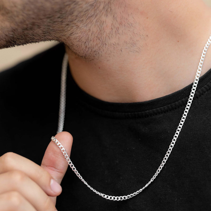 Mens Silver Chain, 3.5mm Curb Cuban Link Chain, Solid Diamond Cut Stainless Steel Necklace For Women, Italy Jewelry Available In 16-28 Inches 16 Inch(Women’s choker length) - BeesActive Australia