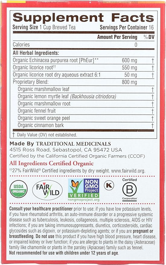 Traditional Medicinals Organic Lemon Echinacea Throat Coat 16 Tea Bags - BeesActive Australia
