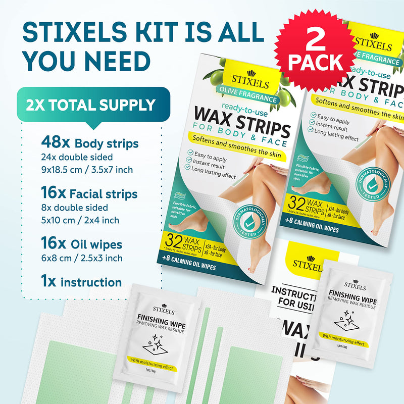 Wax Strips for Hair Removal – 64 Count Waxing Kit for Women & Men with 48 Body Wax Strips, 16 Face Waxing Strips, 16 Oil Wipes – Hair Remover Wax Kit for Face, Legs, Arms, Armpits, Bikini – 2 Pack - BeesActive Australia