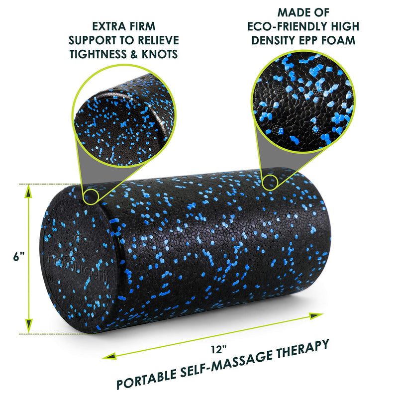 ProsourceFit High Density Speckled Black Foam Rollers, 12", 18", 24" & 36” for Myofascial Release, Pilates, Trigger Point Massage and Muscle Therapy, Blue or Orange 12" x 6" Black/Blue - BeesActive Australia