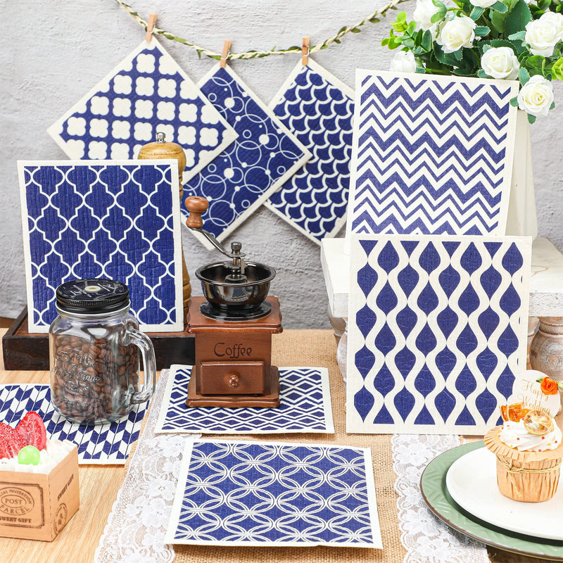 Patelai 6 Pieces Swedish Kitchen Dish Towels Kitchen Cloths Reusable Sponge Cleaning Cloths Absorbent Dish Cloth No Odor Hand Towel Quick Drying Washable Cleaning Wipes (Navy Geometry Style) Navy Geometry Style - BeesActive Australia