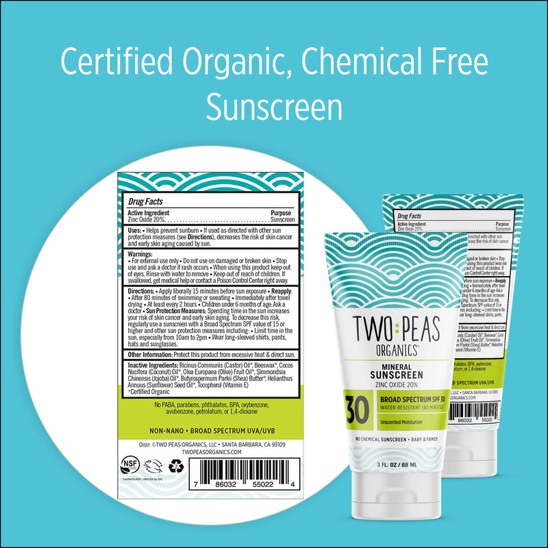 Two Peas Organics - All Natural Organic Sunscreen Lotion - Coral Reef Safe - Baby, Kid & Family Friendly - Chemical Free Mineral Based Formula - Waterproof & Unscented - SPF 30 - 3oz - 2 Pack 3 Fl Oz (Pack of 2) - BeesActive Australia