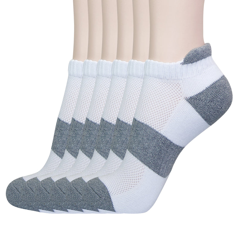 [AUSTRALIA] - KONY 6 Pairs Women's Cotton Cushion Running Athletic Low Cut Ankle Tab Socks, Size 6-9 - All Season Gift White/Grey Stripe 