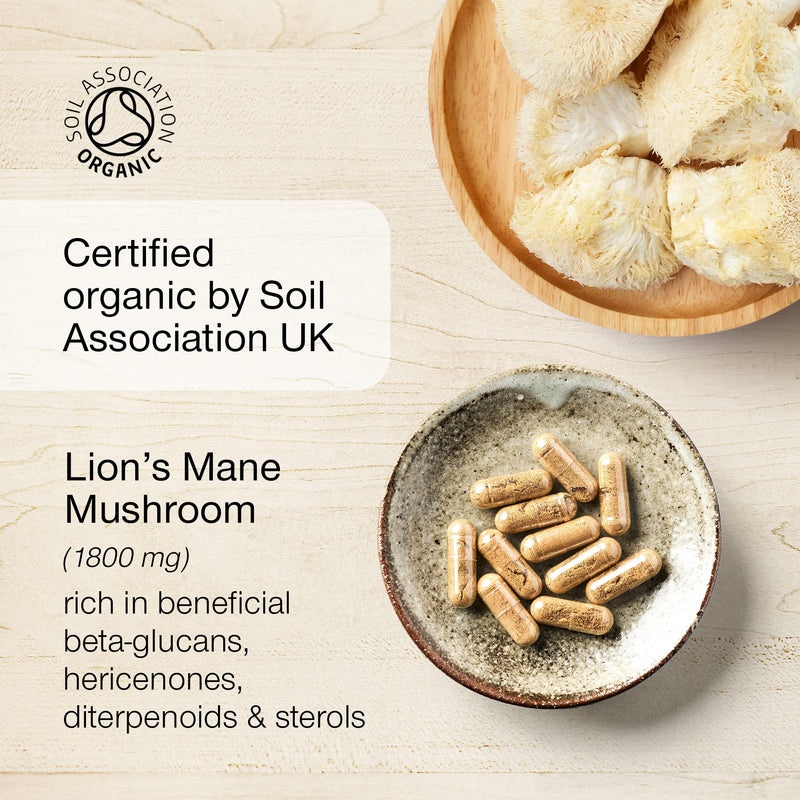 Organic Lions Mane Supplement - 1800mg Lion's Mane Capsules High Strength - Certified Organic by The Soil Association - 30 Capsules - 100% Lion Mane Mushroom Fruiting Bodies Extract - Made in The UK - BeesActive Australia