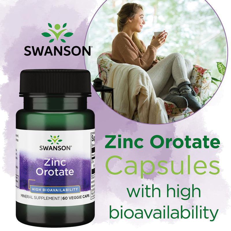 Swanson, Zinc Orotate, with 20mg Elemental Zinc, 60 Vegan Capsules, Highly Dosed, Laboratory Tested, Vegetarian, SOYA-Free, Gluten-Free, Non-GMO - BeesActive Australia