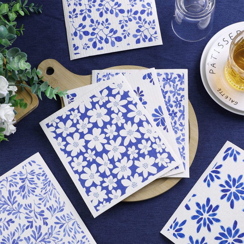 6 Pcs Swedish Kitchen Dishcloths Swedish Dishes Cloths for Kitchen Absorbent Sponge Cloths Kitchen Towels Reusable Cleaning Cloths Quick Drying for Home Kitchen Cleaning Dishcloths (Blue Leaves) Blue Leaves - BeesActive Australia