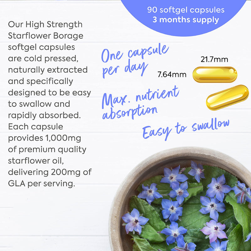 Starflower Oil Capsules 1000mg/Borage Oil x90 Soft Gels, Cold Pressed High Strength GLA with Vitamin E - 3 Month Supply - x2 The GLA Level of Evening Primrose Oil Capsules - UK Made Supplements - BeesActive Australia