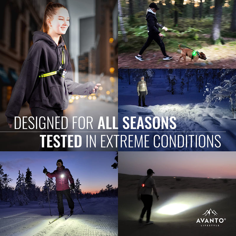 AVANTO Triple Beam Chest Light, Original, 500 Lumen Outdoors LED Night Running Lights for Runners and Joggers, Dog Walkers, Long 5-7h Usetime, Strong USB Rechargeable 2200mAh Battery, Reflective Vest Black - BeesActive Australia