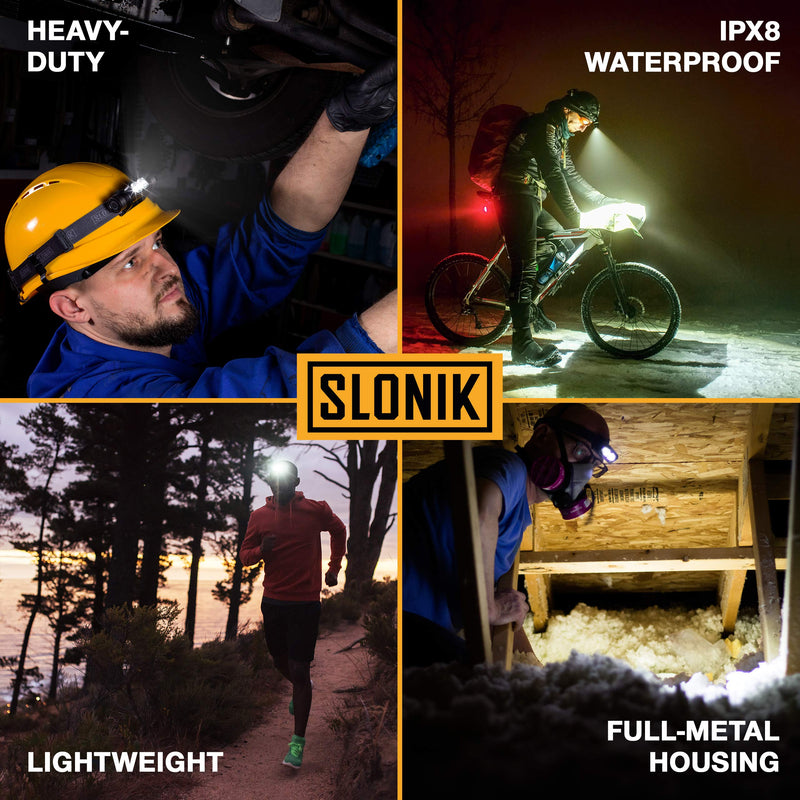 SLONIK Rechargeable Headlamp for Adults - 1000 Lumens Super Bright 60 ft Beam LED Flashlight - Lightweight, Heavy-Duty, IPX8 Waterproof Hard Hat Light - Camping Gear, Running Headlight, Black Professional Grade - BeesActive Australia