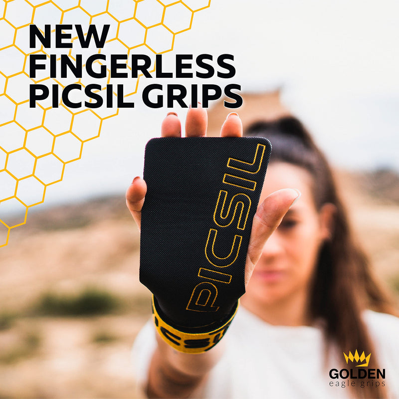 PICSIL Golden Eagle Hand Grips Fingerless, Grips for Cross Training No Holes, Gym, Boxing, Weightlifting, Prevents Blisters and Tears, Increased Magnesium Retention, Unisex Gold S/M - BeesActive Australia