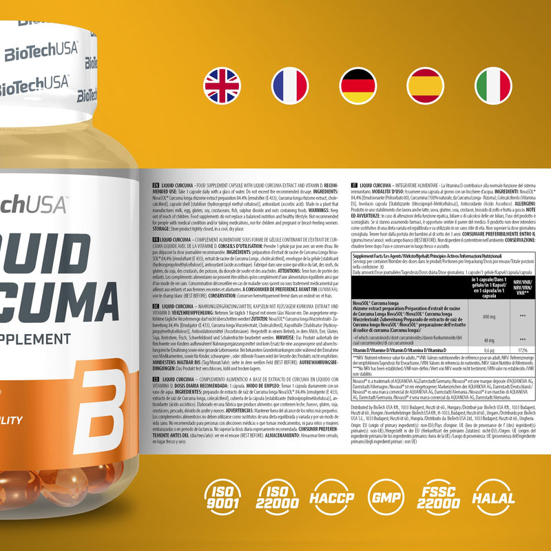 BioTechUSA Liquid Curcuma Food Supplement Capsules with Liquid Curcumin Extract and Vitamin D, 30 Capsules - BeesActive Australia