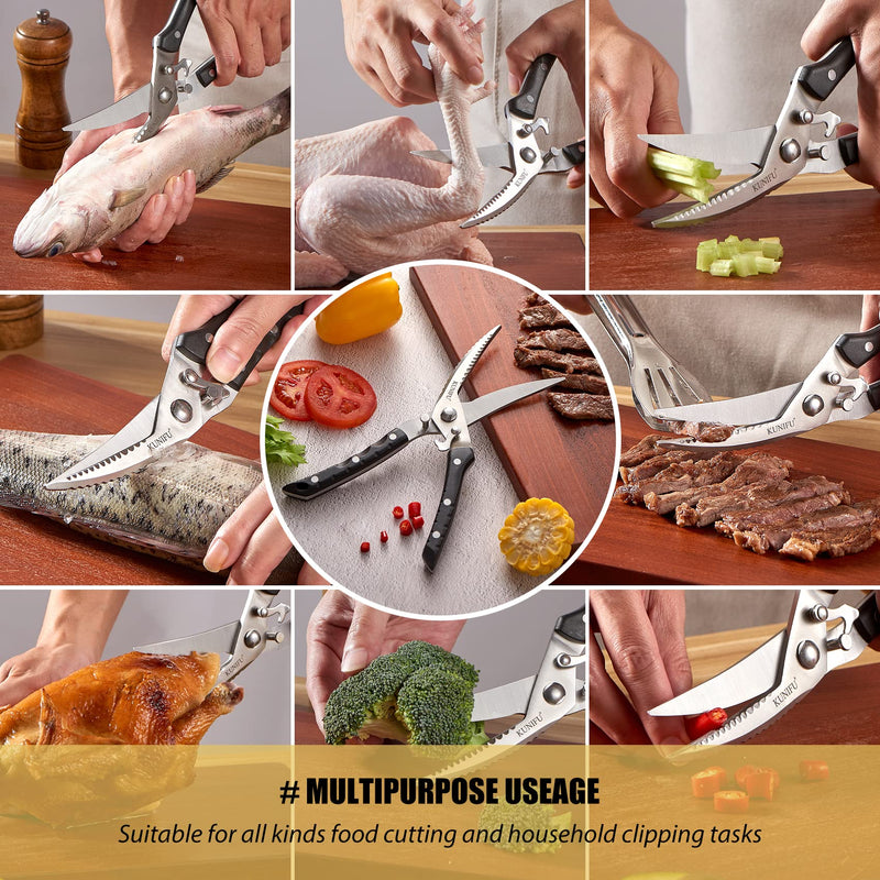 KUNIFU All Purpose Poultry Shears, Full Tang Heavy Duty Blades Kitchen Scissors, Dishwasher Safe and Stainless Cooking Cutter for Food, Chicken, Turkey, Meat, Beef, Bone, Veg, Fish, Herbs, BBQ Black - BeesActive Australia