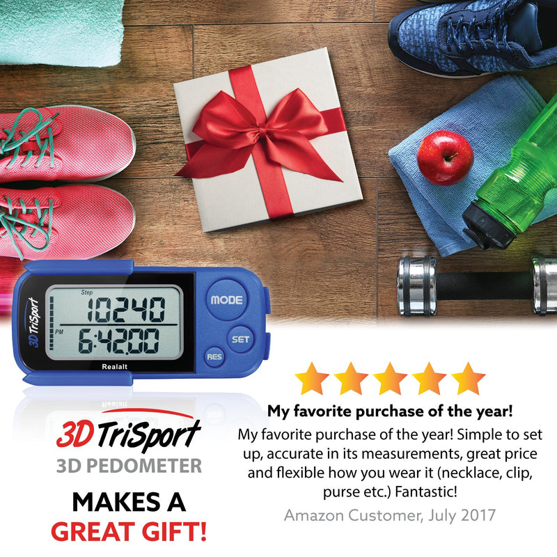Realalt 3DTriSport Walking 3D Pedometer with Clip and Strap, Free eBook | 30 Days Memory, Accurate Step Counter, Walking Distance Miles/Km, Calorie Counter, Daily Target Monitor, Exercise Time. Blue - BeesActive Australia