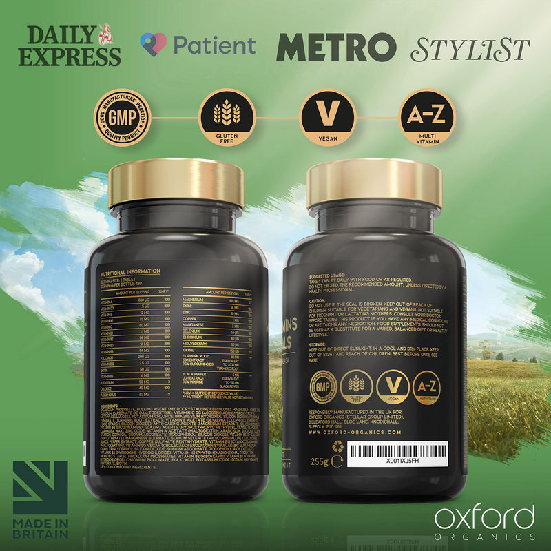 A-Z Multivitamins and Minerals boosted with Turmeric - 180 Vegan Multivitamin Tablets for Women & Men - One a day - 27 Key Nutrients - 100% NRV Multivitamin with Iron, Zinc, Vitamins B, C, D - UK Made - BeesActive Australia
