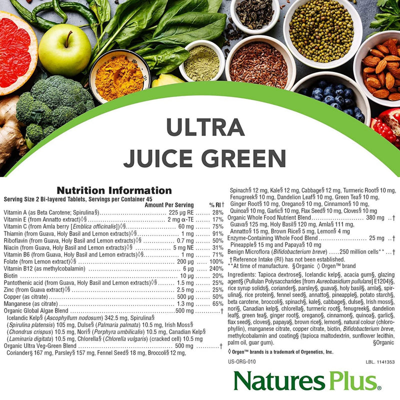 NaturesPlus Organic Ultra Juice Green - Organic Superfoods - Vitamin C, B12, Spirulina, Chlorella, Kelp, Trace Minerals - Gluten Free - 90 Tablets - BeesActive Australia
