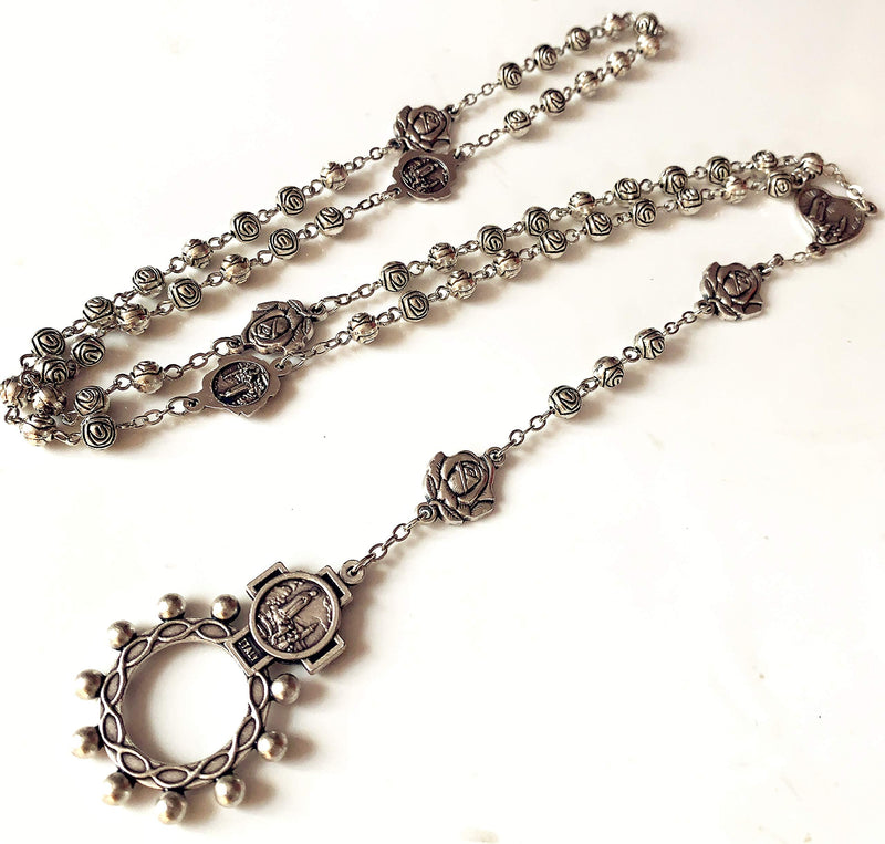 elegantmedical HANDMADE vintage silver rose beads Catholic OUR LADY OF FATIMA Rosary Necklace Cross Gift Box Italy crucifix - BeesActive Australia