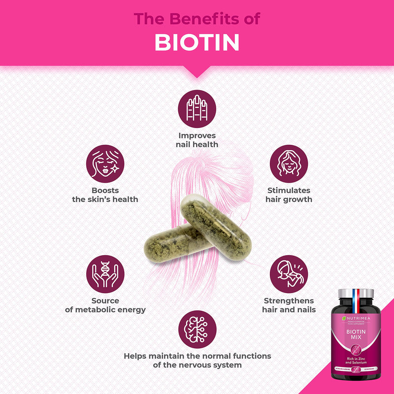 Biotin Hair & Nail Growth Supplement - Enriched with Zinc & Selenium - Contributes to Skin Care - 120 Vegan Capsules - French Expertise - BeesActive Australia