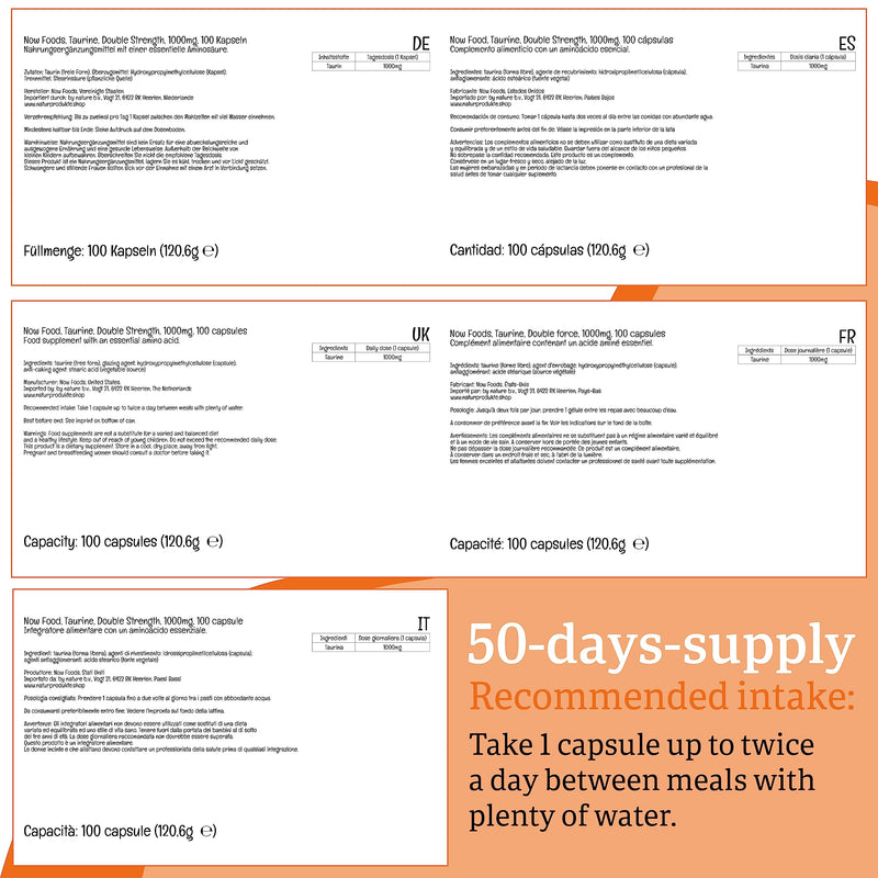 Now Foods, Taurine, Double Strength, 1,000mg, 100 Vegan Capsules, Lab-Tested, Amino Acid, Gluten Free, Soy Free, Vegetarian - BeesActive Australia