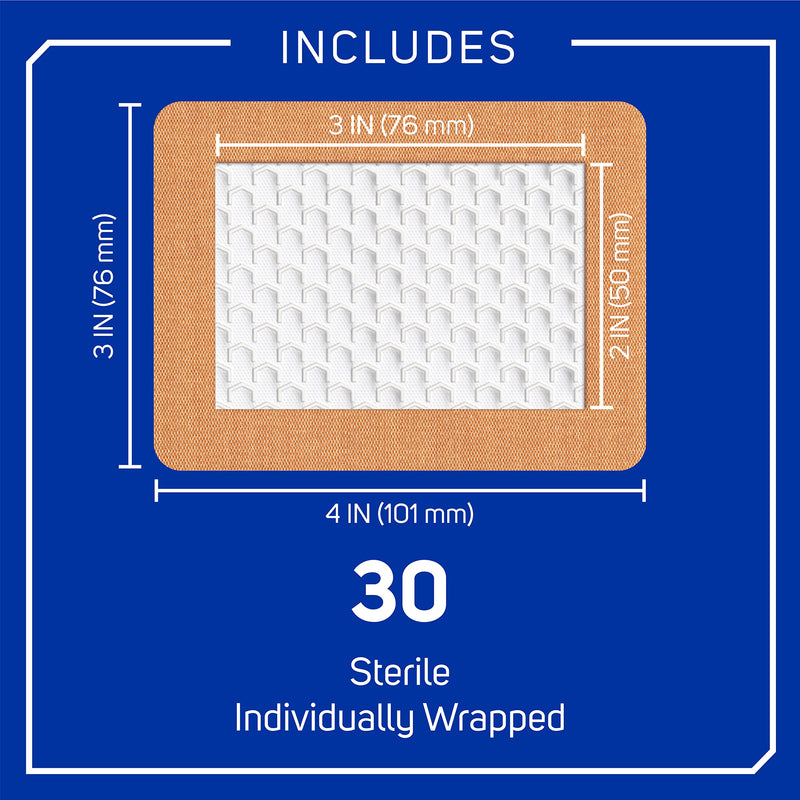 Care Science Fabric Adhesive Pad Bandages, 3x4 inches Extra Large Flexible Non-Stick Strip, Helps Prevent Infection, Breathable Protection, for First Aid & Wound Care, 30 Count - BeesActive Australia