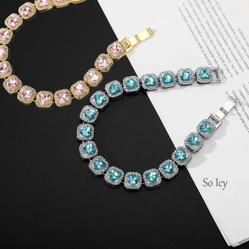 Cat Collar Puppy Zircon Pink/Blue Sugar 13mm Chain Handmade Diamond Iced Heart Pearl Cute Rock Candy Pet Jewelry Necklace Pet Gift XXS(8.2") Gold&Pink - BeesActive Australia