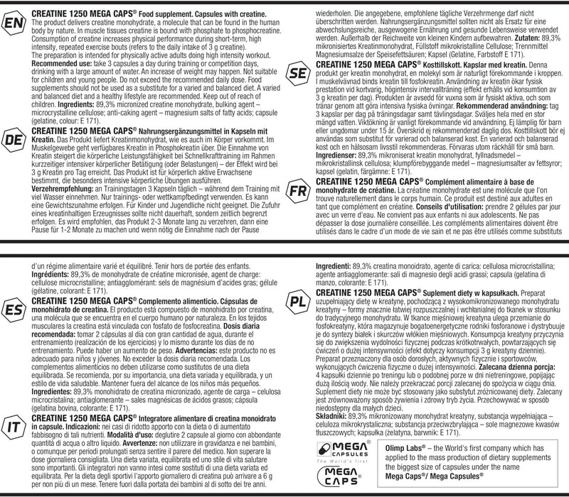 Olimp Labs Creatine 1250 Mega Capsules, 120 Capsules Unflavoured 120 Count (Pack of 1) - BeesActive Australia